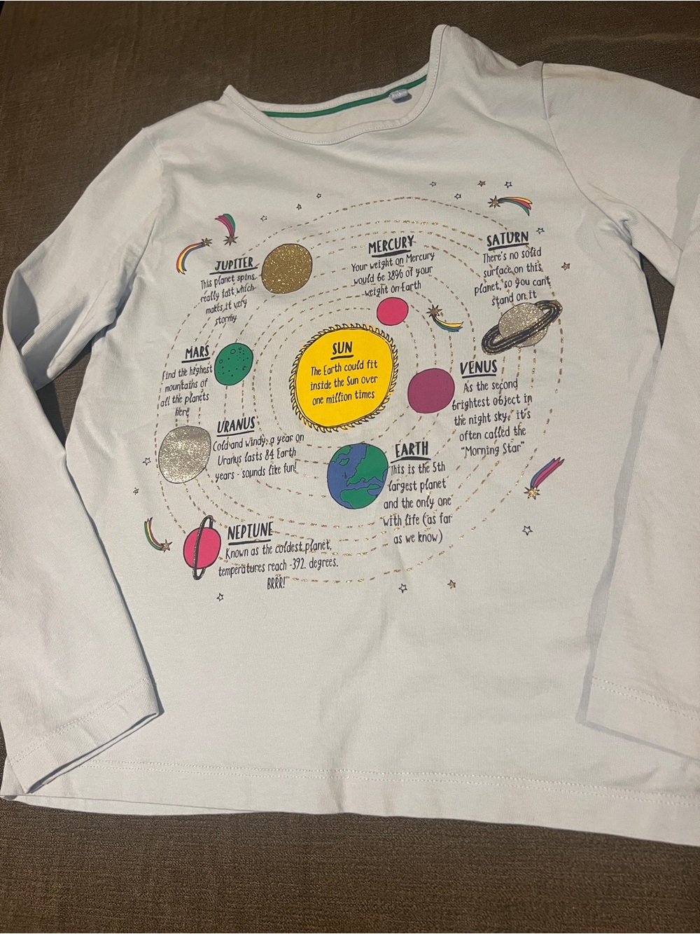 Mini Boden White Long-Sleeve Solar System Tee with Colorful Planets